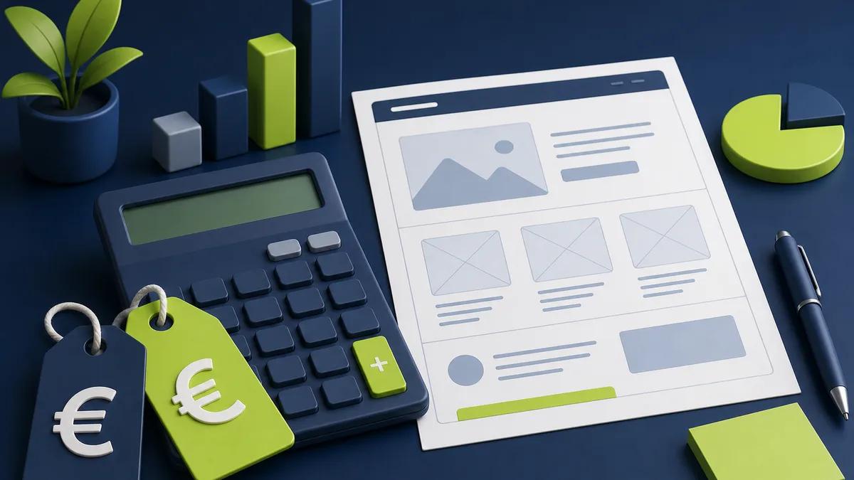 Illustration zu Webseiten-Kosten, Kalkulator und Preisschilder